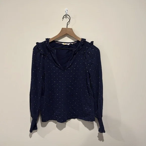 • Boden • Women’s Notch Neck Smocked Frill Top 
- Polka Dot Navy Blue / Gold 2 - Picture 3 of 4